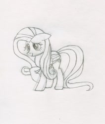 Size: 1081x1277 | Tagged: safe, artist:j4m35c, fluttershy, pegasus, pony, monochrome, solo, traditional art