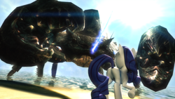 Size: 1920x1080 | Tagged: safe, artist:powdan, rarity, crab, pony, unicorn, 3d, beach, featureless crotch, giant crab, gmod, magic, meme, mudcrab, plot, rarity fighting a giant crab, skyrim, sword, the elder scrolls, weapon