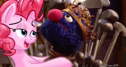 Size: 1920x1024 | Tagged: safe, artist:snapai, king grover, pinkie pie, earth pony, pony, the lost treasure of griffonstone, crossover, game of chairs, game of thrones, grover, groverpie, iron throne, pun, sesame street, visual pun