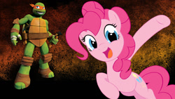 Size: 1480x835 | Tagged: safe, artist:mlpfimandtmntfan, pinkie pie, earth pony, pony, crossover, michelangelo, teenage mutant ninja turtles, wallpaper