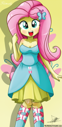 Size: 645x1321 | Tagged: safe, artist:the-butch-x, fluttershy, equestria girls, beautiful, beautiful x, blushing, clothes, cute, dress, fall formal outfits, shyabetes, sleeveless, smiling, solo, strapless