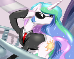 Size: 660x528 | Tagged: safe, artist:frist44, princess celestia, alicorn, pony, business, clothes, solo, suit, sunglasses