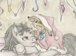 Size: 1024x748 | Tagged: safe, artist:quill-name, derpibooru import, king sombra, deer, pony, reindeer, unicorn, broken horn, hat, santa hat, traditional art