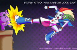 Size: 1850x1200 | Tagged: safe, artist:awesomeasiwannabe, artist:riomccarthy, derpibooru import, rainbow dash, hippopotamus, equestria girls, friendship games, courage the cowardly dog, dropkick, falcon kick