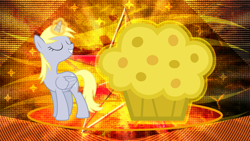 Size: 3840x2160 | Tagged: safe, artist:drakizora, artist:laszlvfx, artist:zutheskunk edits, edit, derpy hooves, alicorn, pony, alicornified, derpicorn, female, food, magic, mare, muffin, race swap, smiling, solo, wallpaper, wallpaper edit