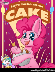 Size: 617x800 | Tagged: safe, artist:clouddg, pinkie pie, princess celestia, alicorn, earth pony, pony, batter, bowl, cake, cute, diapinkes, ear fluff, food, looking at you, mixing, open mouth, signature