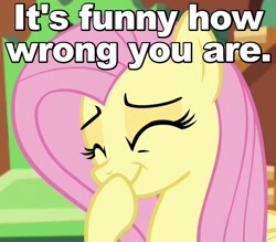 Size: 640x560 | Tagged: safe, edit, edited screencap, screencap, fluttershy, pegasus, pony, tanks for the memories, caption, cute, eyes closed, giggling, image macro, laughing, raised hoof, reaction image, smiling, solo