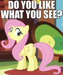 Size: 525x625 | Tagged: safe, edit, edited screencap, screencap, fluttershy, pegasus, pony, tanks for the memories, bronybait, caption, cute, female, flirting, flirty, image macro, looking at you, looking back, mare, meme, plot, shyabetes, smiling, solo