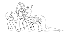 Size: 540x287 | Tagged: safe, artist:rubyrue, big macintosh, fluttershy, earth pony, pegasus, pony, blushing, fluttermac, male, monochrome, nuzzling, shipping, stallion, straight