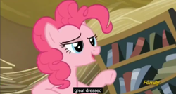 Size: 1600x855 | Tagged: safe, screencap, pinkie pie, earth pony, pony, the lost treasure of griffonstone, lidded eyes, meme, youtube caption