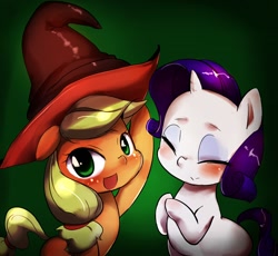 Size: 1289x1184 | Tagged: safe, artist:moka, applejack, rarity, earth pony, pony, unicorn, halloween, nightmare night, pixiv