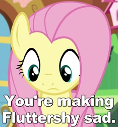 Size: 600x640 | Tagged: safe, edit, edited screencap, screencap, fluttershy, pegasus, pony, tanks for the memories, caption, image macro, looking down, reaction image, sad, solo