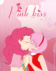 Size: 791x1010 | Tagged: safe, artist:brassyumiru, pinkie pie, human, amy rose, amypie, crossover, crossover shipping, eyes closed, female, holding hands, humanized, kissing, lesbian, sonic the hedgehog (series)