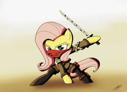 Size: 2202x1606 | Tagged: safe, artist:therandomjoyrider, fluttershy, pegasus, pony, badass, badass adorable, clothes, cute, flutterbadass, kunoichi, ninja, ninjato, solo