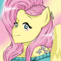 Size: 900x900 | Tagged: safe, artist:henyoki, fluttershy, anthro, ambiguous facial structure, clothes, off shoulder, solo, sweatershy