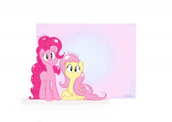 Size: 1414x1000 | Tagged: safe, artist:evedon, fluttershy, pinkie pie, earth pony, pegasus, pony, duo, duo female, female, mare, pink coat, pink mane, yellow mane