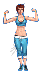 Size: 639x1131 | Tagged: dead source, safe, artist:n0vaxis, derpibooru import, rainbow dash, human, abs, armpits, belly button, clothes, converse, humanized, midriff, natural hair color, pants, shoes, solo, sports bra, sweat, sweatpants, watermark