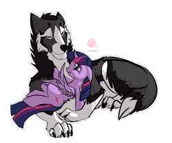 Size: 1000x837 | Tagged: safe, artist:shadowwolfhunter, derpibooru import, twilight sparkle, twilight sparkle (alicorn), oc, alicorn, pony, wolf, female, mare, non-mlp oc, snuggling