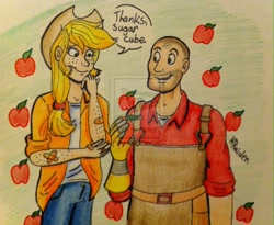 Size: 987x809 | Tagged: safe, applejack, human, apple, crossover, engineer, humanized, team fortress 2, traditional art, watermark