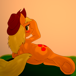 Size: 1500x1500 | Tagged: safe, artist:ushiro no kukan, applejack, earth pony, pony, butt, dock, female, looking back, mare, on side, pixiv, plot, smiling, solo, underhoof