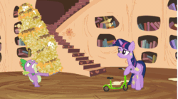 Size: 619x344 | Tagged: safe, derpibooru import, screencap, spike, twilight sparkle, twilight sparkle (alicorn), alicorn, dragon, twilight time, amused, animated, confused, duo, female, flower, flower in hair, frustrated, golden oaks library, mare, nachos, oh come on, scooter, too late