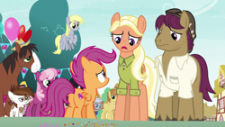 Size: 1920x1080 | Tagged: safe, screencap, cheerilee, chipcutter, derpy hooves, feather bangs, mane allgood, pipsqueak, scootaloo, snap shutter, trouble shoes, earth pony, pegasus, pony, the last crusade, background pony, balloon, colt, family, father and child, father and daughter, female, filly, flying, heart balloon, male, mare, mother and child, mother and daughter, parent and child, stallion, unshorn fetlocks