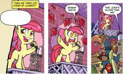 Size: 940x565 | Tagged: safe, edit, idw, apple bloom, apple fritter, applejack, babs seed, big macintosh, granny smith, earth pony, pony, friends forever, spoiler:comic, spoiler:comicff2, apple, apple bloom's bad joke, brick wall, exploitable, exploitable meme, image macro, male, meme, microphone, stage, stallion, stand-up comedy, stool, template, water bottle
