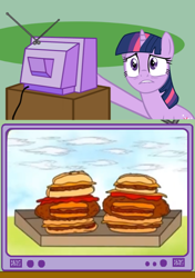 Size: 452x641 | Tagged: safe, derpibooru import, twilight sparkle, burger, cheeseburger, exploitable meme, hamburger, meme, obligatory pony, regular show, the ultimeatum, tv meme, twilight burgkle