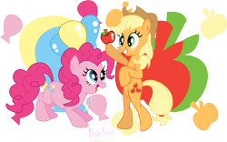 Size: 5802x3630 | Tagged: safe, artist:meganlovesangrybirds, applejack, pinkie pie, earth pony, pony, apple, balloon