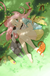 Size: 800x1200 | Tagged: safe, artist:paulina-ap, fluttershy, cat, human, barefoot, cute, feet, flip-flops, grass, high angle, humanized, looking at you, shyabetes, winged humanization