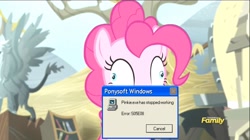 Size: 2048x1148 | Tagged: safe, edit, edited screencap, screencap, pinkie pie, earth pony, pony, the lost treasure of griffonstone, derp, error, oh my gosh, windows xp, x.exe stopped working, zoned out