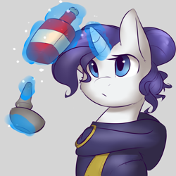 Size: 1800x1800 | Tagged: safe, artist:captainpudgemuffin, rarity, pony, unicorn, alchemy, crossover, glowing horn, gray background, magic, mortar and pestle, potion, simple background, skyrim, solo, the elder scrolls