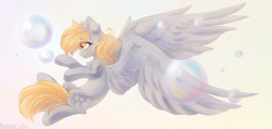 Size: 2362x1122 | Tagged: safe, artist:melloncollie-chan, derpy hooves, pegasus, pony, bubble, chest fluff, cute, derpabetes, ear fluff, female, mare, profile, simple background, solo, spread wings, white background, wings