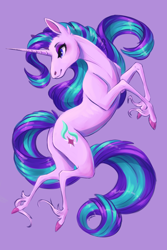 Size: 6000x9000 | Tagged: safe, artist:faline-art, starlight glimmer, classical unicorn, pony, unicorn, absurd resolution, colored hooves, digital art, female, hoers, mare, purple background, rampant, simple background, smiling, solo, unshorn fetlocks