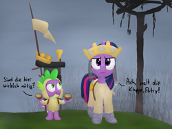 Size: 2788x2084 | Tagged: safe, artist:moemneop, derpibooru import, spike, twilight sparkle, dragon, armor, clothes, coconut, crown, flag, german, monty python, monty python and the holy grail, parody