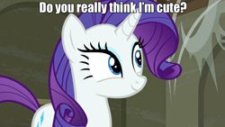 Size: 1366x768 | Tagged: safe, edit, screencap, rarity, pony, unicorn, the saddle row review, bronybait, cute, female, mare, raribetes, smiling, solo, spider web, text