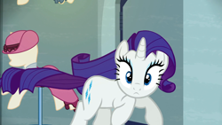 Size: 1366x768 | Tagged: safe, screencap, rarity, pony, unicorn, the saddle row review, female, looking at you, mare, solo, surprised