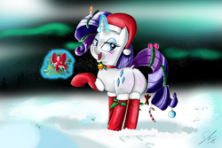 Size: 3000x2000 | Tagged: safe, artist:darkpandax, artist:shogundun, color edit, edit, rarity, pony, unicorn, christmas, clothes, colored, female, hat, holly, open mouth, plot, rearity, santa hat, signature, socks, solo