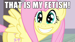 Size: 610x343 | Tagged: safe, fluttershy, pegasus, pony, filli vanilli, female, fetish, grin, image macro, looking at you, looking back, mare, meme, plot, smiling, solo, spread wings, squee, starry eyes, text, that is my fetish, wingboner, wingding eyes, wings
