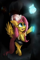 Size: 853x1280 | Tagged: safe, artist:frisky, fluttershy, pegasus, pony, cave, darkness, diamonds, flashlight (object), headlamp, helmet, improvisation, poking, solo, unshorn fetlocks, wings