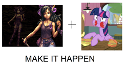 Size: 1477x786 | Tagged: safe, derpibooru import, twilight sparkle, twilight sparkle (alicorn), alicorn, pony, twilight time, burger, exploitable meme, female, hay burger, la-mulana, make it happen, mare, meme, messy, messy eating, mulbruk, puffy cheeks, twilight burgkle, twilight slobble