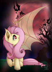 Size: 1700x2338 | Tagged: safe, artist:bloody-pink, fluttershy, bat, blood moon, flutterbat, moon, solo