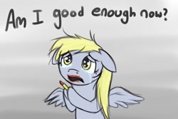 Size: 900x600 | Tagged: safe, artist:theslendid, derpy hooves, pegasus, pony, bipedal, crying, derpygate, female, floppy ears, frown, gray background, hoof hold, lidded eyes, lipstick, looking up, mare, messy mane, open mouth, sad, simple background, solo, spread wings, text, wings