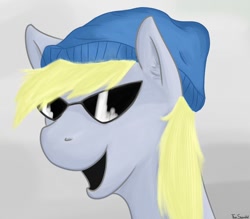 Size: 900x788 | Tagged: safe, artist:theslendid, derpy hooves, pegasus, pony, beanie, bust, female, hat, mare, portrait, smiling, solo, sunglasses