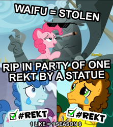 Size: 800x900 | Tagged: safe, cheese sandwich, king grover, party favor, pinkie pie, sugar belle, earth pony, griffon, pony, the lost treasure of griffonstone, bedroom eyes, crack shipping, crying, dank memes, exploitable meme, groverpie, marijuana, meme, mlg, rekt, shipping, shipping denied, statue, waifu thief