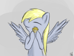 Size: 736x557 | Tagged: safe, artist:theslendid, derpy hooves, pegasus, pony, eyes closed, female, food, hug, mare, muffin, solo, that pony sure does love muffins