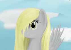 Size: 900x631 | Tagged: safe, artist:theslendid, derpy hooves, pegasus, pony, bust, cloud, female, hair over one eye, mare, portrait, solo