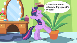 Size: 1280x720 | Tagged: safe, derpibooru import, edit, edited screencap, screencap, twilight sparkle, green isn't your color, twilight time, exploitable meme, meme, potted plant, secret pot meme, solo, speech bubble