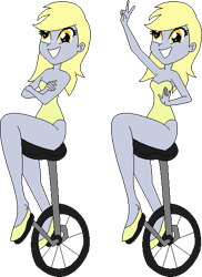Size: 399x547 | Tagged: safe, artist:erichgrooms3, artist:selenaede, derpy hooves, equestria girls, alternate hairstyle, bare arms, bare shoulders, base used, big grin, clothes, crossed arms, cute, derp, grin, happy, legs, leotard, peace sign, raised arm, sexy, shoes, simple background, smiling, solo, this will end in tears, transparent background, unicycle, vector