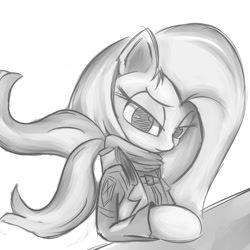 Size: 1000x1000 | Tagged: safe, artist:madacon, fluttershy, pegasus, pony, attack on titan, clothes, crossover, female, grayscale, monochrome, scarf, solo